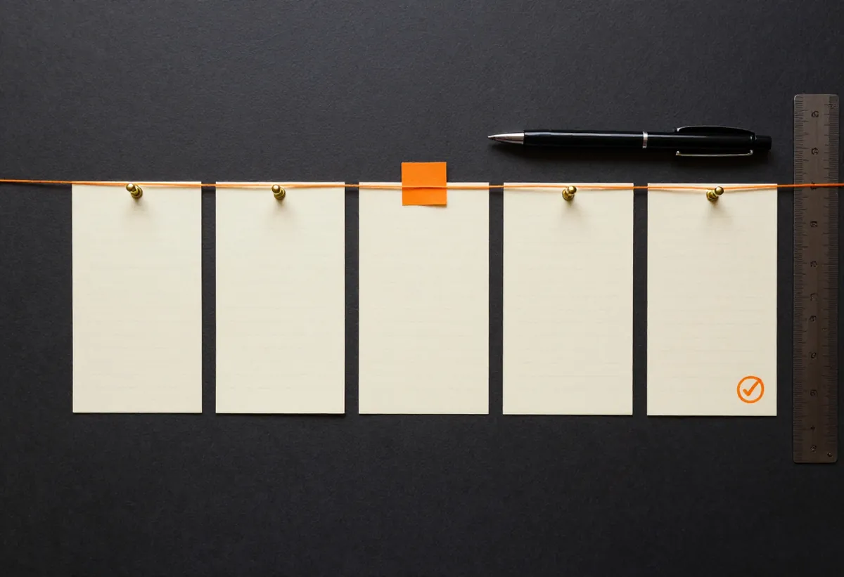 Cards joined by an orange thread illustrate the steps in a workflow.