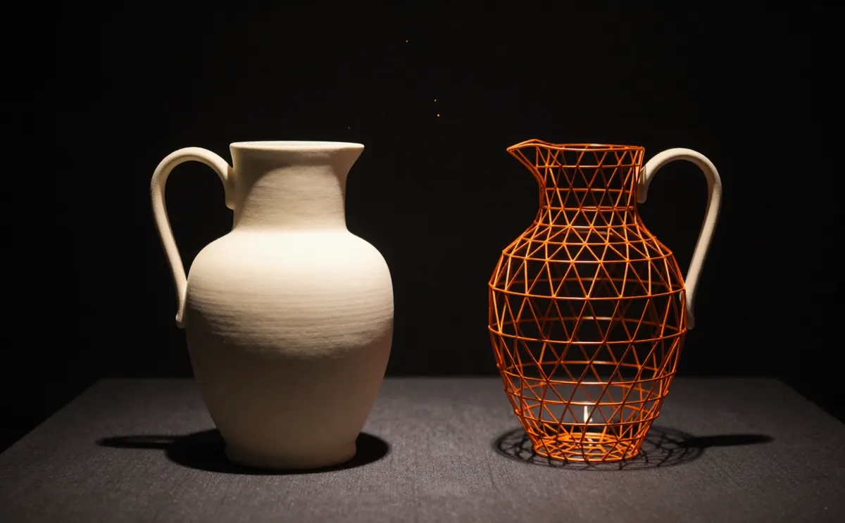 A cream ceramic jug beside its orange wireframe twin: a physical object and its 3D model.
