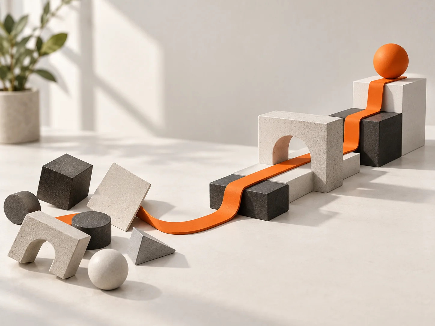 An orange route passes through geometric obstacles toward a higher platform.