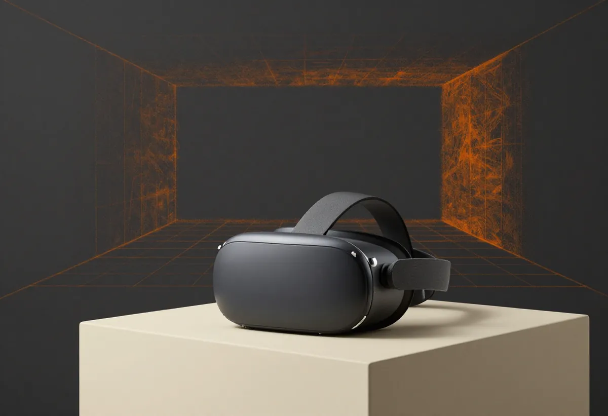 A VR headset on a cream plinth, with a room sketched behind it in orange points.